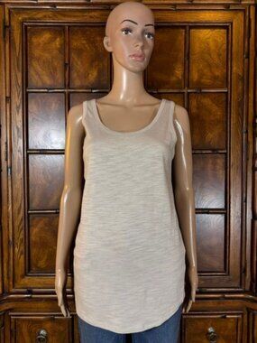 WE Sand Beige Cotton Modal Slub Knit Scoop Neck Stretch Curve Hem Tank
